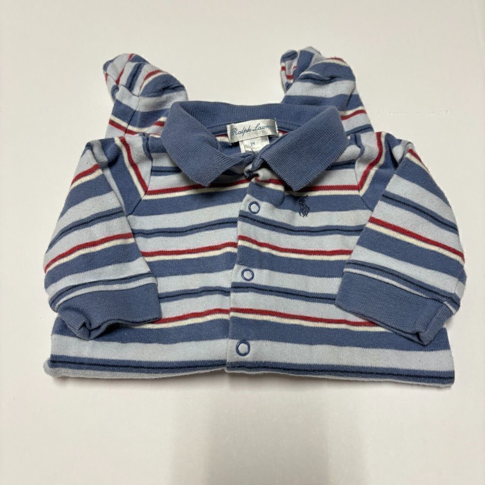 VTG Ralph Lauren Baby Boy Footie One Piece Striped Blue 3 Month Collared Preppy - Picture 5 of 7